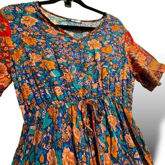 Blue Maxi Dress  Medium Colorful Floral Pretty Garden Boho Easter - Picture 5 of 9